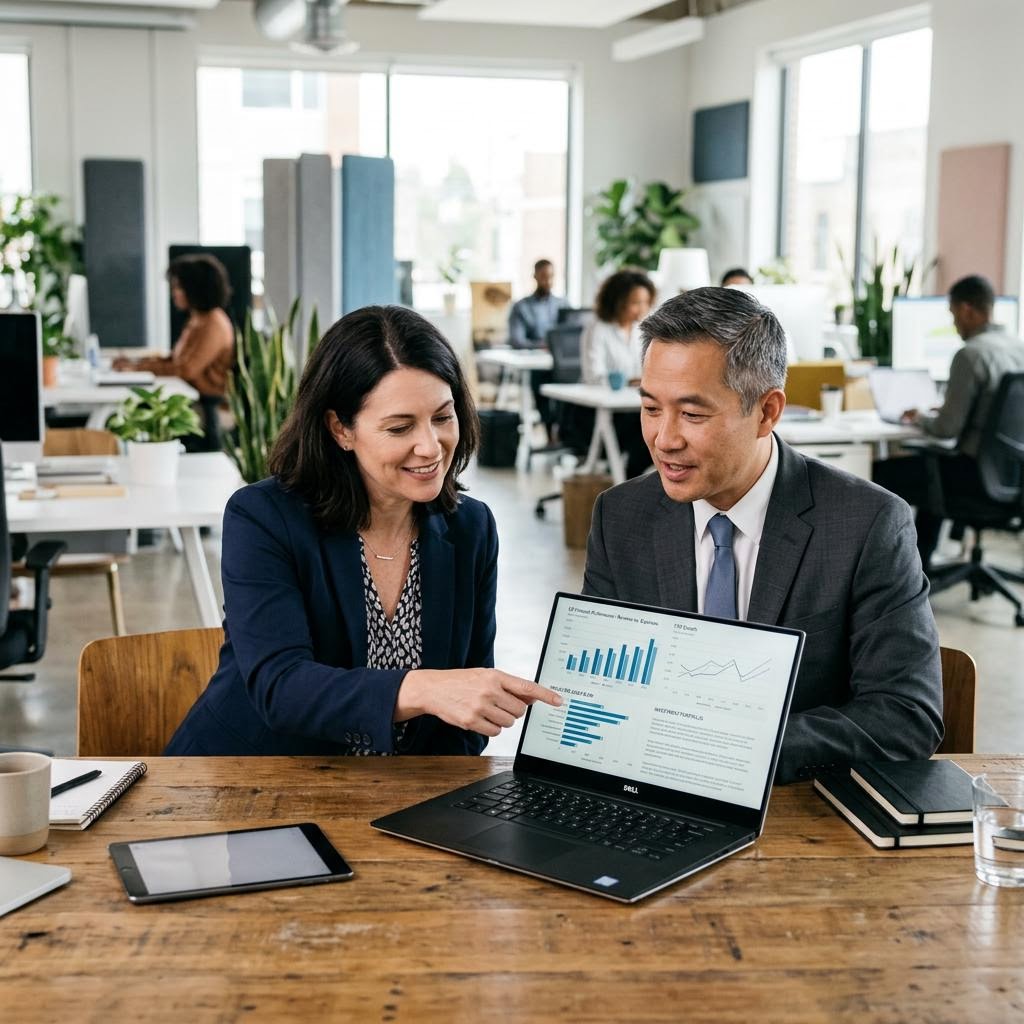 Two professionals reviewing business financial information.