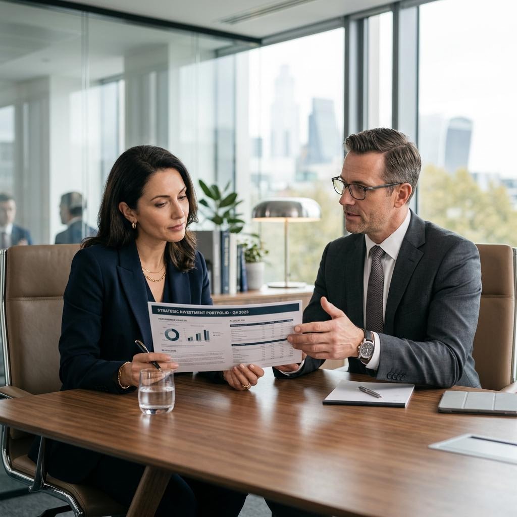 Client calmly reviewing a financial document with a professional advisor