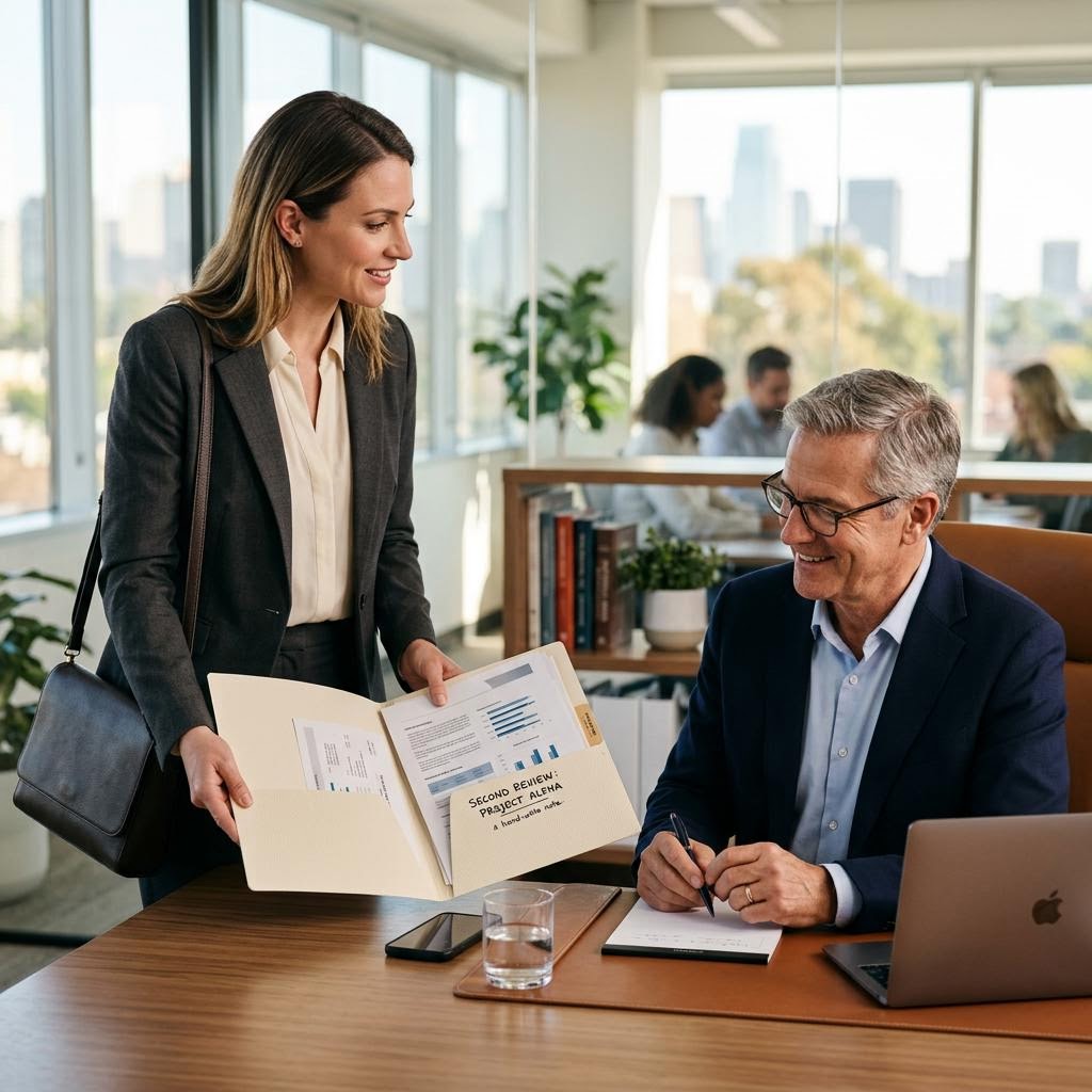 Individual bringing a folder of documents to a professional advisor for a second review