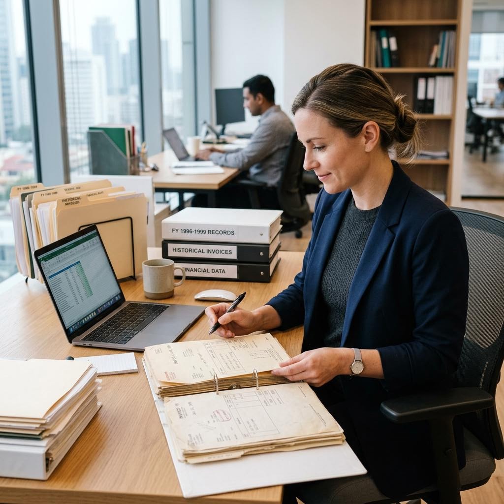 Independent professional reviewing business records calmly