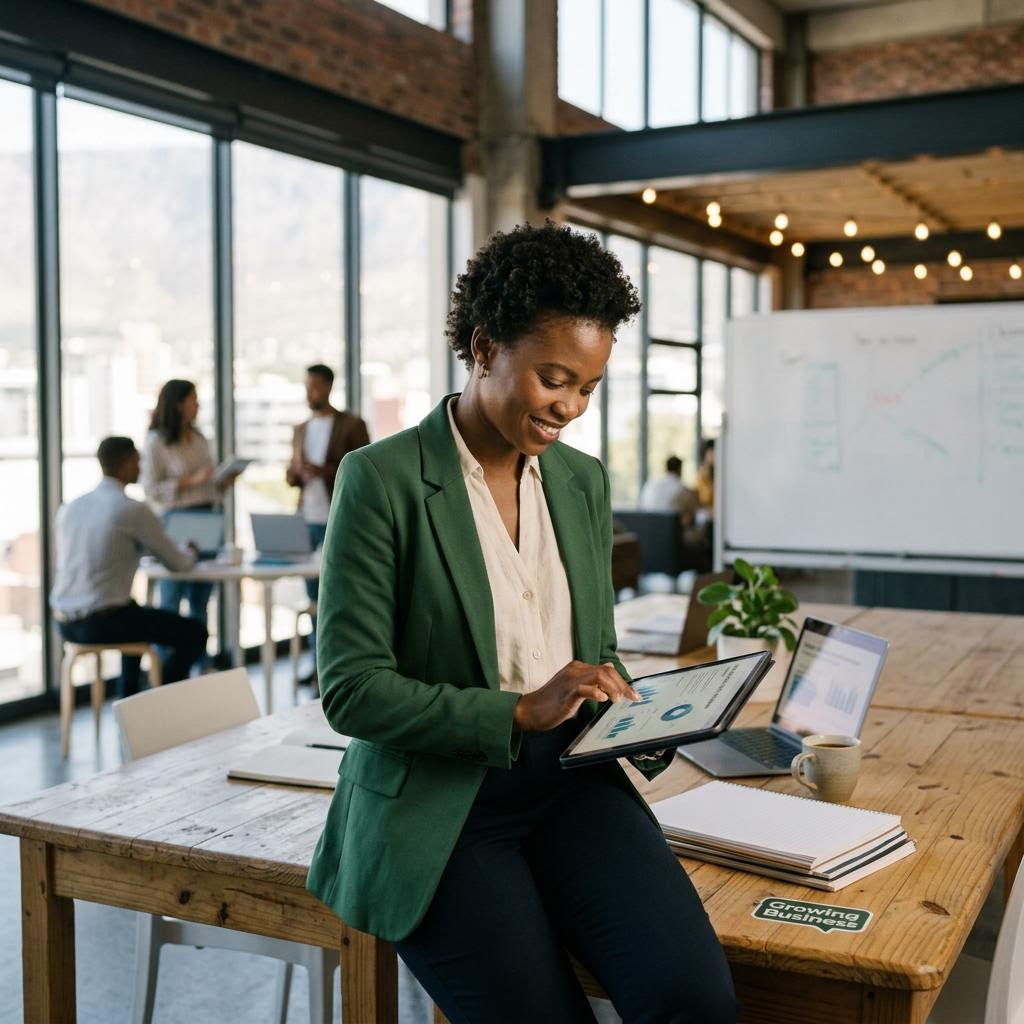 Ambitious self-employed professional reviewing a tablet in a growing business setting