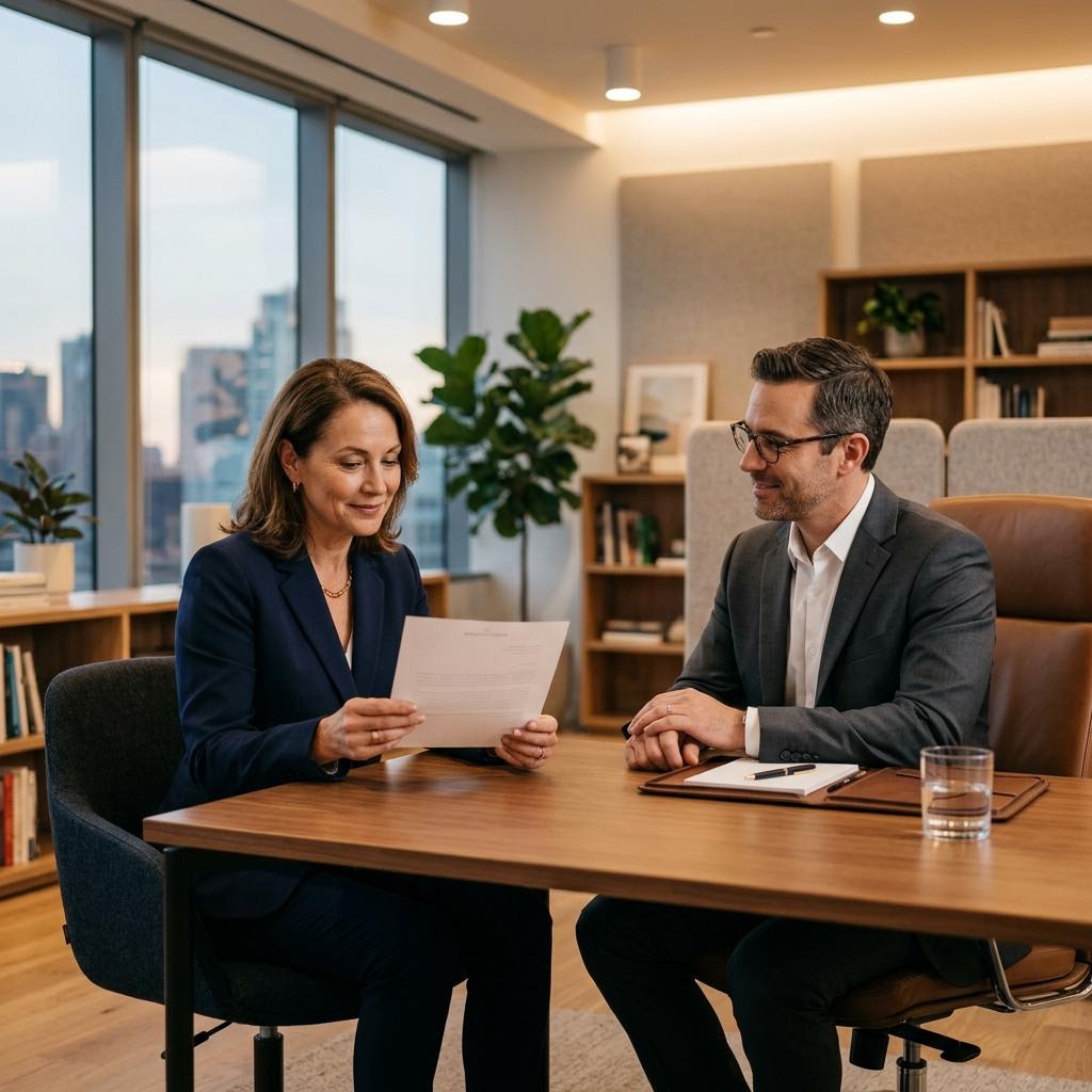Tax professional reviewing a tax notice and related documents with an individual.