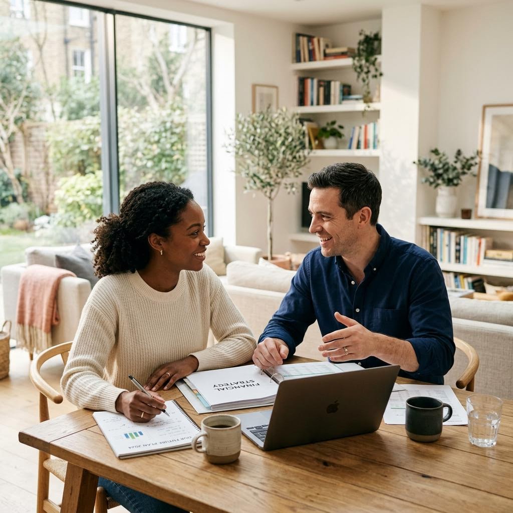 Professionals discussing business financial information in an office.