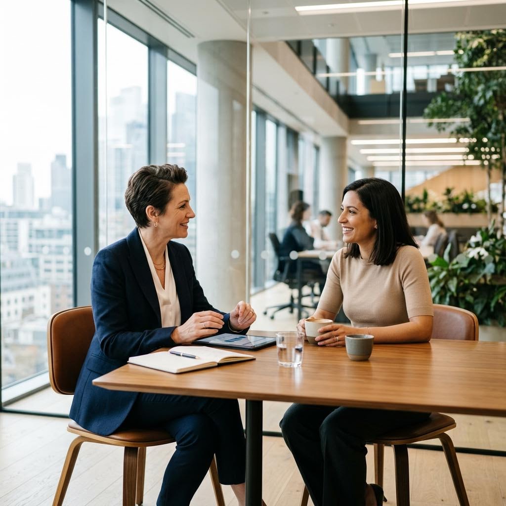 A professional accountant speaking calmly with a client